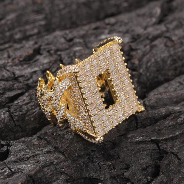 Cluster Ringe Männer Hip Hop Zirkonia Bling Iced Out Quadratischer Ausschnitt Ring Punk Stil Domineering Luxus Rapper Schmuck Geschenke Gold