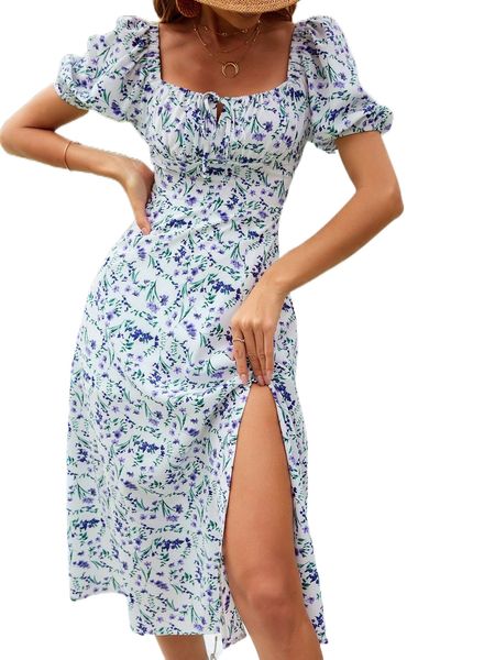 

ditsy floral split thigh dress 91mq#, Black;gray