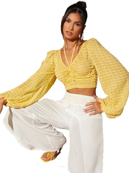 

lantern sleeve halter neck crop tee 534s#, White