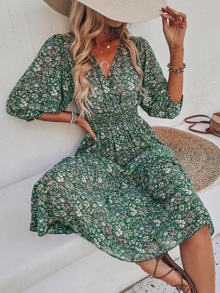 

floral print shirred detail dress o6fy#, Black;gray