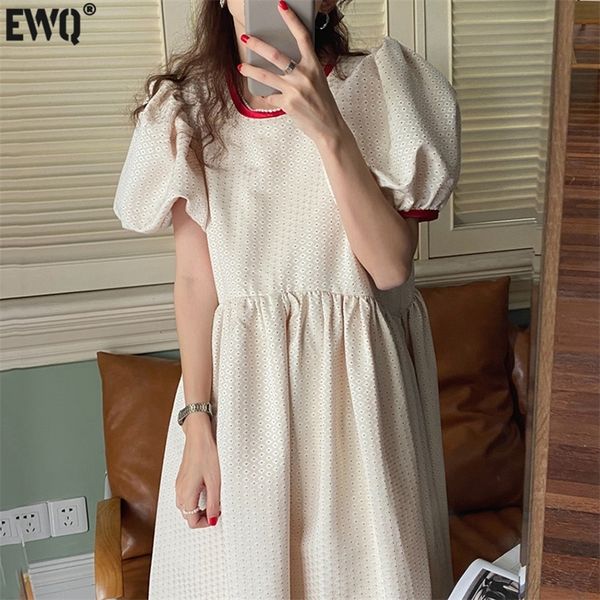 

ewq korea chic summer round neck robe contrast color lace bow polka dot puff sleeve women office midi dress 16w1474 220613, Black;gray