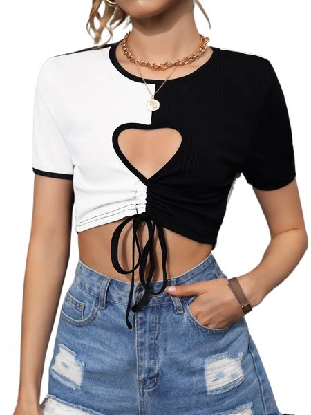 

two tone heart pattern cut out drawstring front crop tee p6es#, White