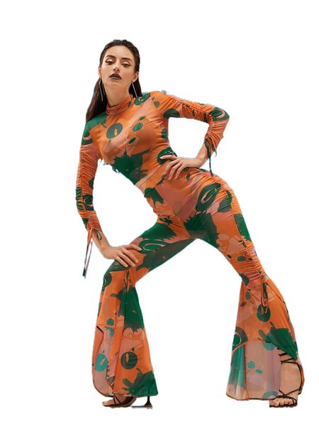 

x ren by lau mock neck ruched sleeve graphic print mesh o59p#, White