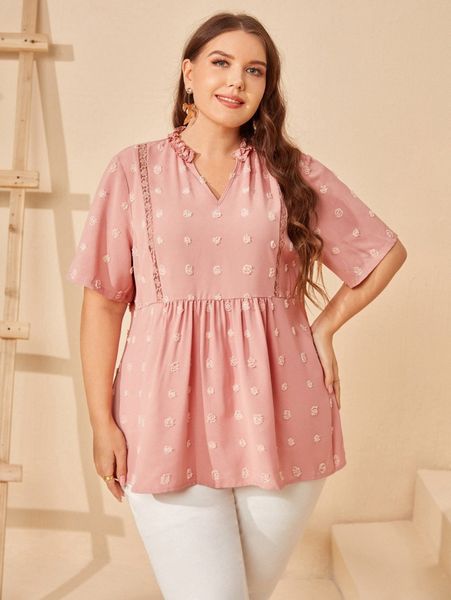 

plus swiss dot notched neck smock blouse a3kt#, Black