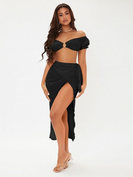 

sxy off shoulder puff sleeve o-ring ruched crop & wrap knot skirt set p2un#, White