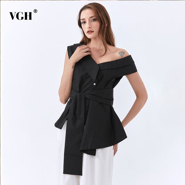 

korean solid color asymmetrical off shoulder vest for women high waist lace up bowknot vests female summer fashion 210507, White