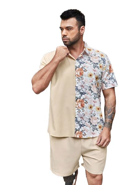 

extended sizes men color block floral print shirt & shorts q8qg#, Gray