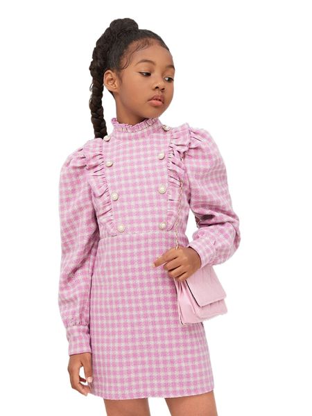 

girls double breasted ruffle trim plaid dress 60u1#, Black;white