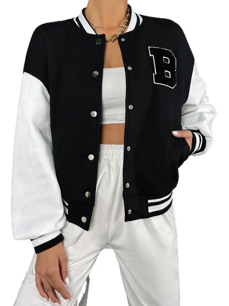

letter patched striped trim drop shoulder bomber jacket i5na#, Black;brown