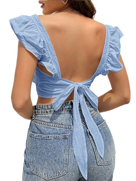 

backless knot ruffle trim square neck blouse 69iv#, White