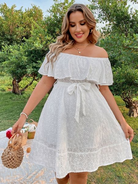 

plus off shoulder ruffle trim belted schiffy dress k86a#, Black
