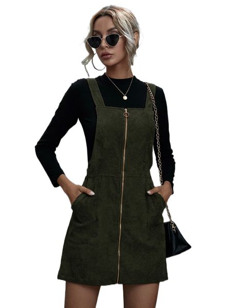 

o-ring zip up corduroy overall dress e0yu#, Black;gray