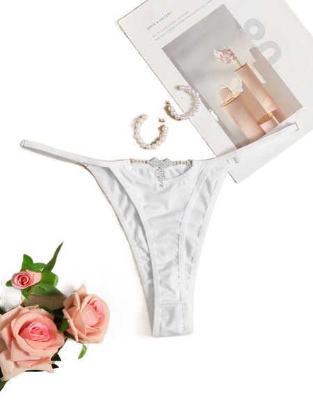 

plus rhinestone decor mid rise thong b0kk#, Black;white