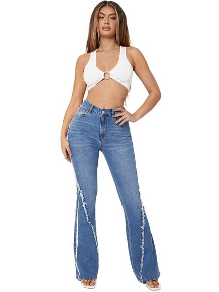 

sxy high waisted zip up flare leg jeans d5lf#, Blue