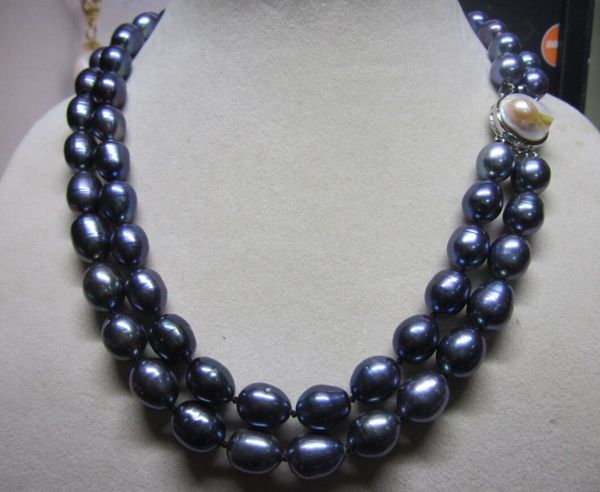 

2row charming south sea black baroque 9-10mm pearl necklace 17inch 18inch, Silver