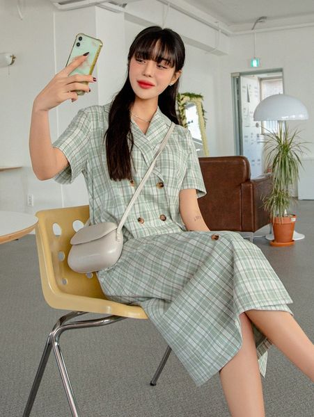 

dazy plaid print double breasted dress 637r#, Black;gray