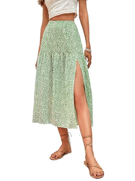 

x domelipa ditsy floral print high waist split thigh skirt l2lz#, Black