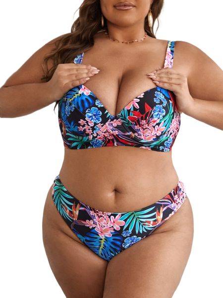 

plus tropical print push up high waist bikini swimsuit i7pn#, White;black
