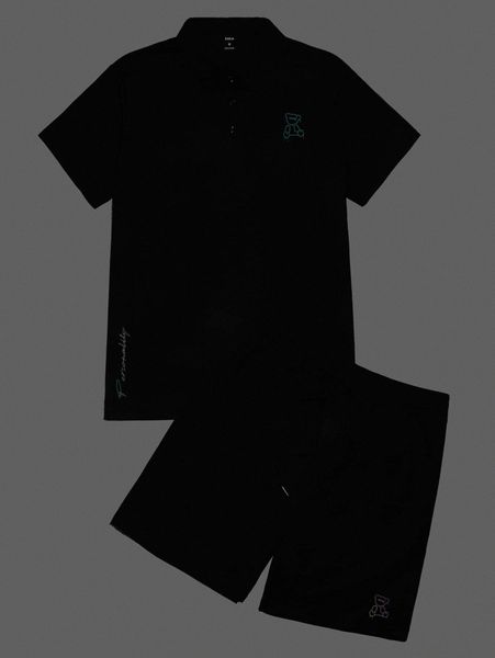 

men half button letter & cartoon graphic tee & track shorts set l38c#, Gray