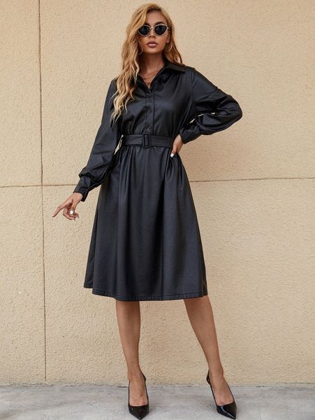 

pu button front belted dress s82t#, Black;gray