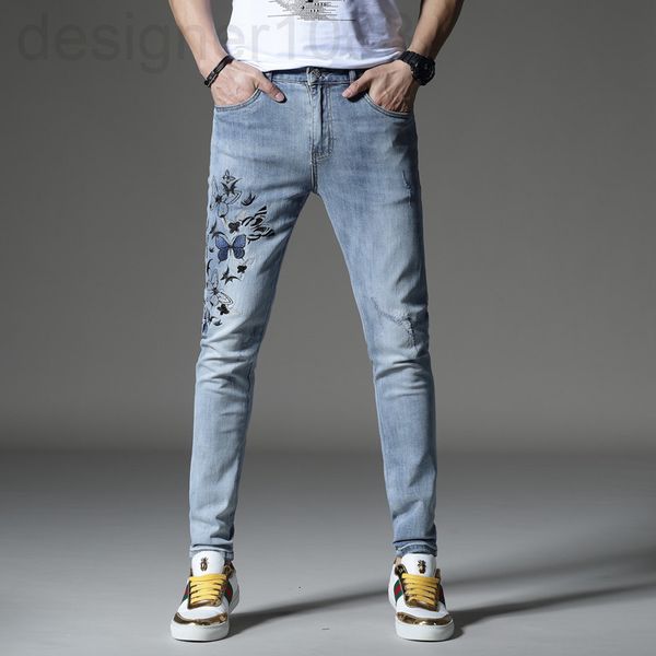 

men's jeans designer european goods 2021 autumn embroidered jeans men's slim fit elastic korean loose casual leggings yf8e, Blue
