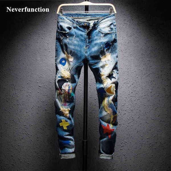 

men streetwear hiphop ripped embroidery slim fit jeans knee holes destroyed man casual cotton joggers beggar denim pants x220714, Blue