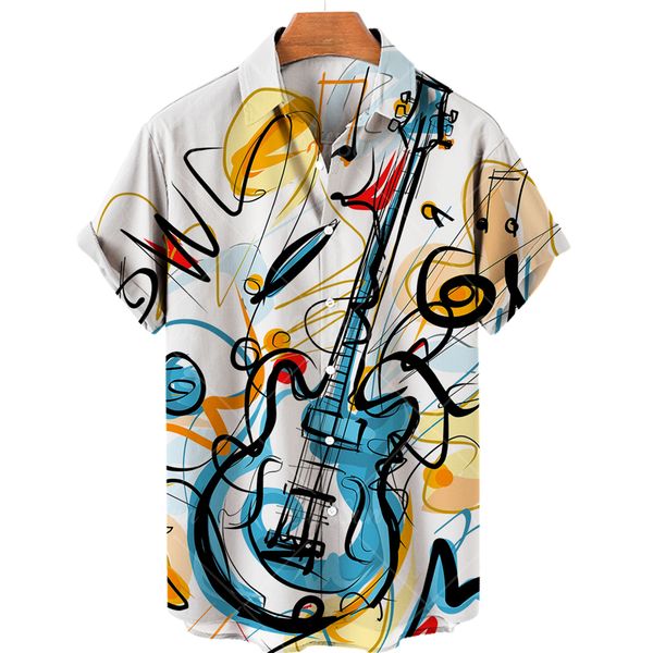 

summer men shirts hawaiian shirts for men clothing fashion music guitar printed tee casual oversized blouses beach camisa, White;black