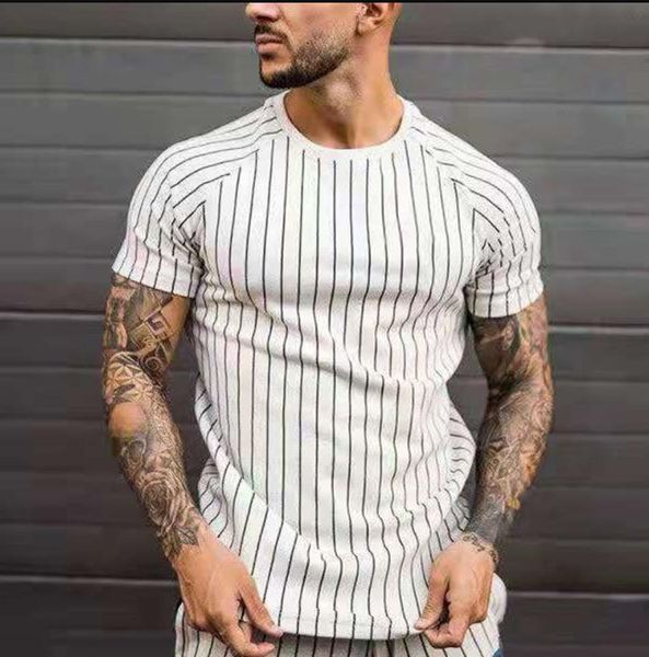Nqml verão masculino camiseta esportes ginásio o pescoço listras verticais manga curta raglan solta camisetas topos trabalho impressão