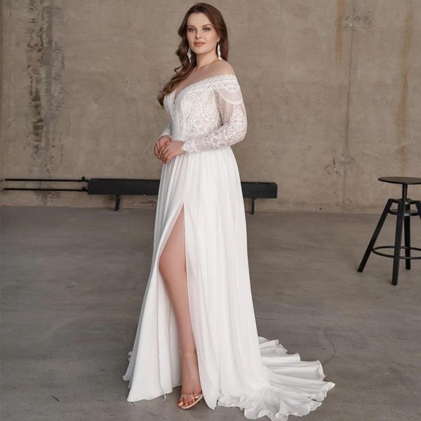 Elegante böhmische Brautkleider in Übergröße, Spitze, Strand, Brautkleider, lange Ärmel, Illusion, Bateau-Ausschnitt, seitlicher Schlitz, Chiffon, Boho, Vestido de Novia