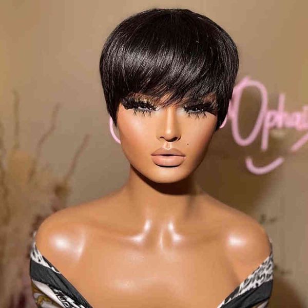 Parrucche per capelli umani con taglio corto a pixie Parrucca brasiliana di Remy diritta fatta a macchina per donne nere Glueless con frangia 220609