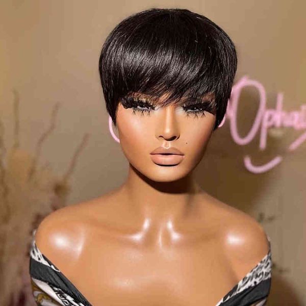 

short pixie cut human hair wigs machine made straight remy brazilian wig for black women glueless with bangs 220609, Black;brown