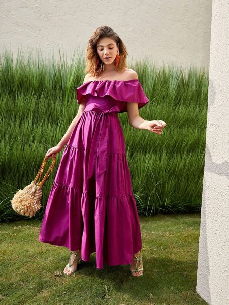 

off shoulder flounce hem dress p855#, Black;gray