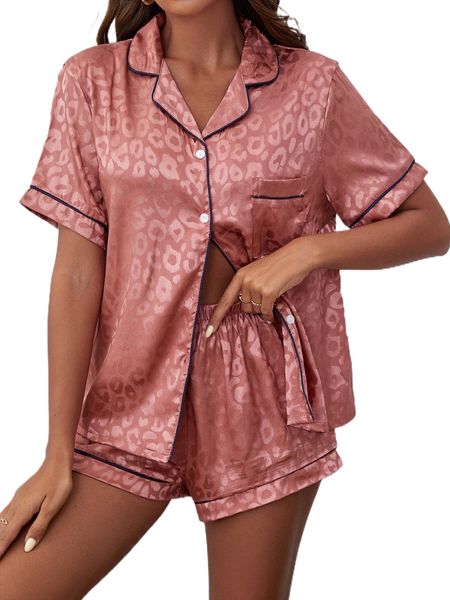 

leopard jacquard contrast piping satin blouse & shorts pj set j6i9#, Black;red