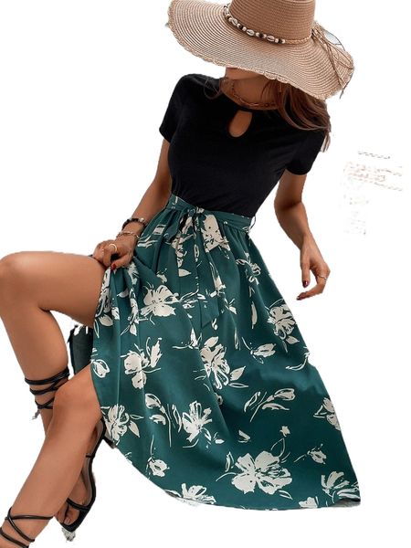 

floral print keyhole neckline belted dress z9qp#, Black;gray