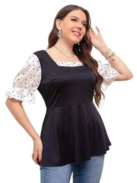 

plus polka dot puff sleeve frilled square neck p0ox#, Black