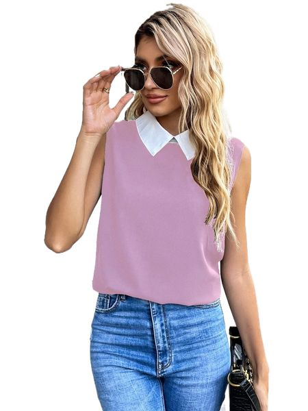 

contrast collar sleeveless blouse e0hn#, White