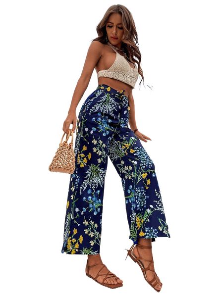 

floral print tie front split side wide leg pants b8rt#, Black;white
