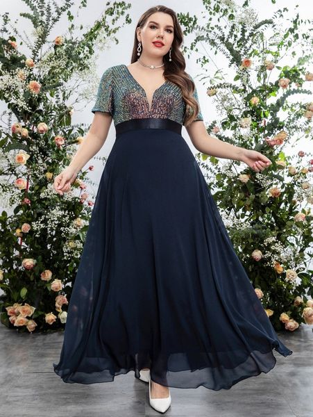 

plus sequin insert plunging neck chiffon prom dress 088z#, Black