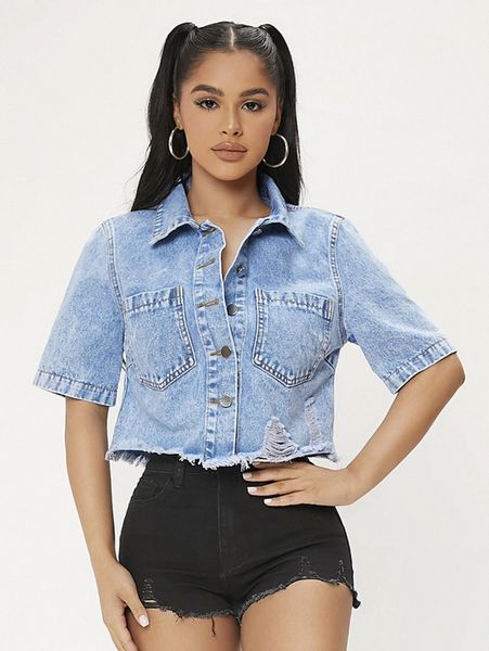 

petite dual pocket button front ripped raw hem crop denim jacket t121#, Black;brown