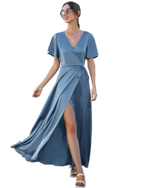 

surplice neck split thigh belted dress z5yc#, Black;gray