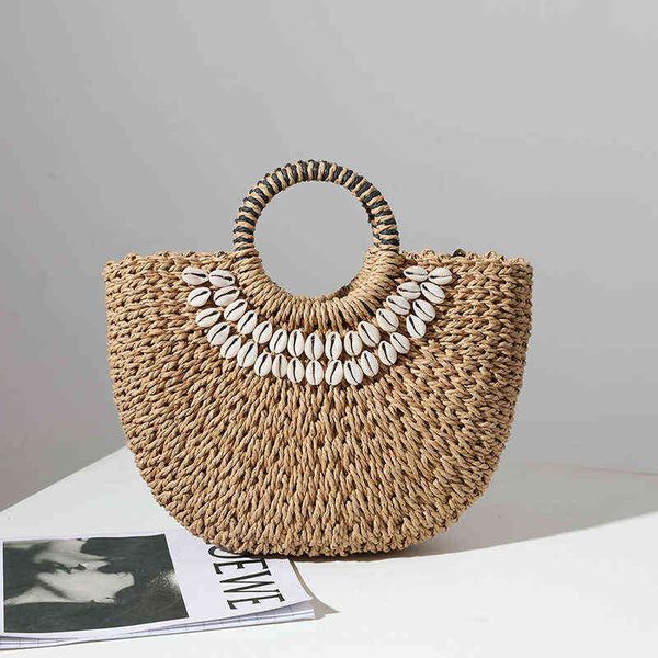 

shopping bags semicircle shell straw women handbag handmade woven rattan for bohemia travel beach clutch purses female 220412