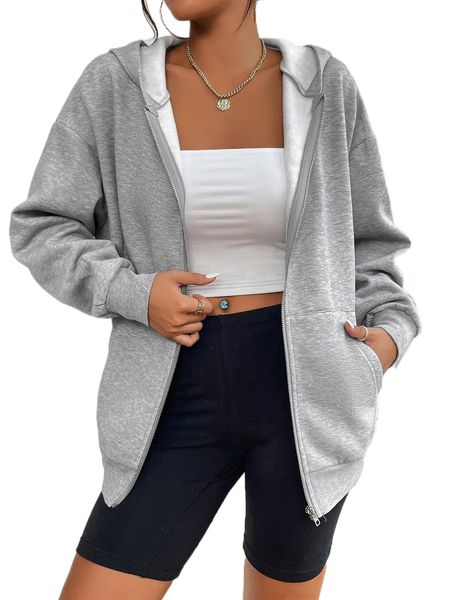 

petite drop shoulder zip up drawstring thermal hoodie i7vr#, Black