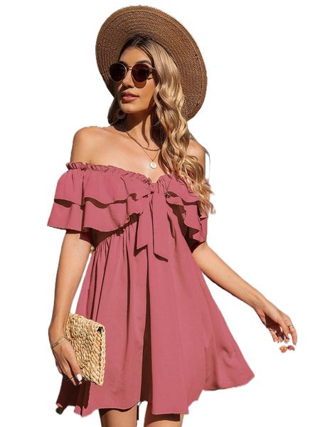 

off shoulder frill knot front tiered layer dress 593o#, Black;gray