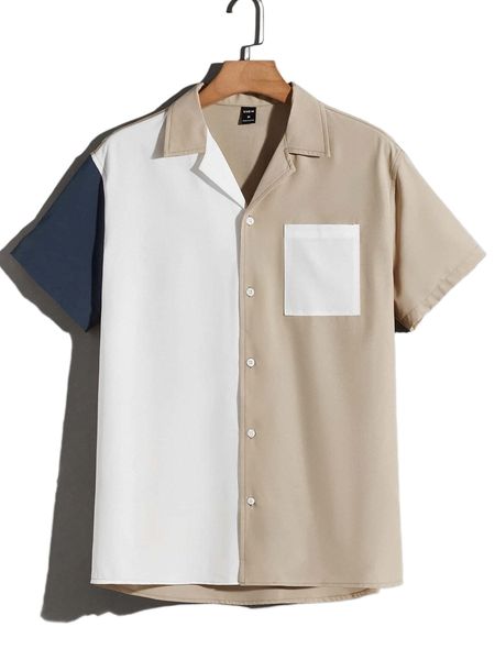 

men colorblock patched pocket shirt t66c#, White;black