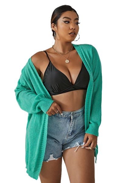 

plus solid ribbed knit duster cardigan l8vh#, Black