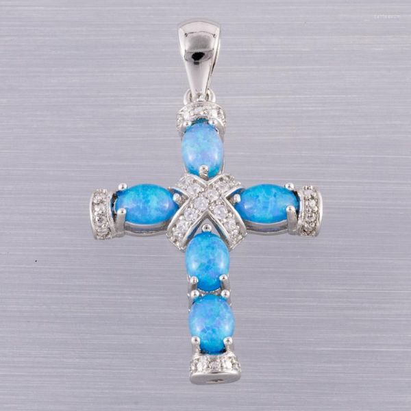 Collane a sospensione Latina Cross Ocean Blue Fire Opal Cabochon CZ Gioielli placcati in argento per donne collaudanti di colladietto