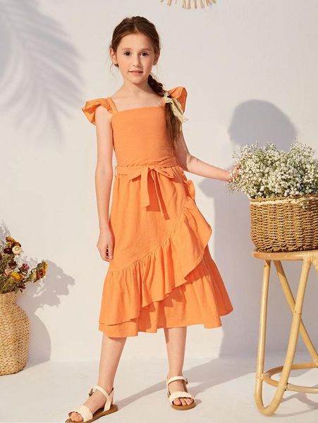 

girls shirred back & ruffle hem wrap skirt set she, White