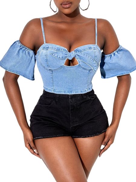 

sxy cold shoulder knot front cut out denim q38o#, White