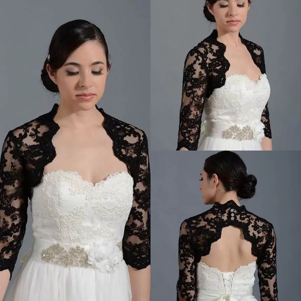 Giacca bolero da sposa vintage in pizzo nero, coprispalle, coprispalle, giacche aperte sul davanti, mezza manica, in raso, personalizzate, per abito da sposa