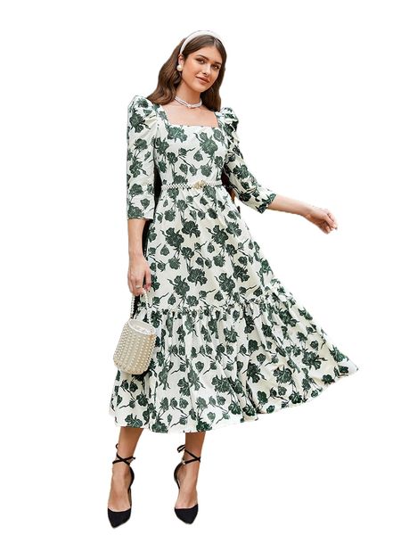 

floral print square neck puff sleeve dress without belt w26w#, Black;gray